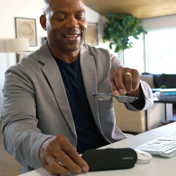 Sleek design meets universal comfort. Our Readers adapt to you, offering a barely-there feel with robust durability. Paired with a keychain case featuring a minimalist design, compact for portability.