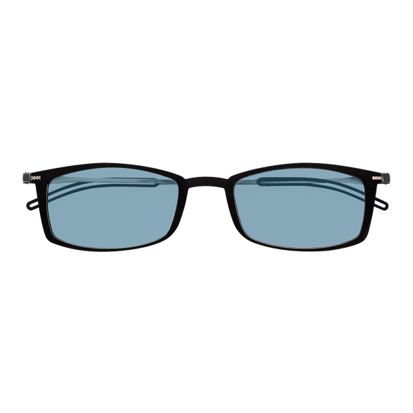 ThinOptics Reading Glasses with Blue Light Blockers and a sleek black case: minimalist design with thin lenses. The compact, brushed metal case offers a modern, portable solution for individuals needing reading glasses.