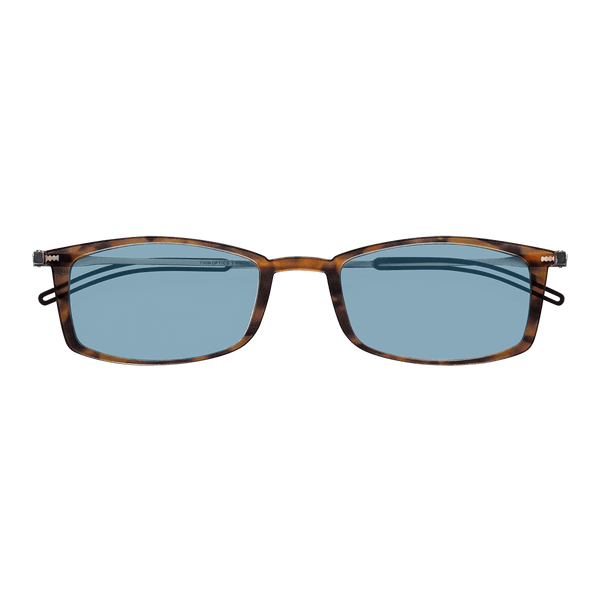 ThinOptics Tortoise Reading Glasses with Blue Light Blockers and a sleek black case: minimalist design with thin lenses. The compact, brushed metal case offers a modern, portable solution for individuals needing reading glasses.