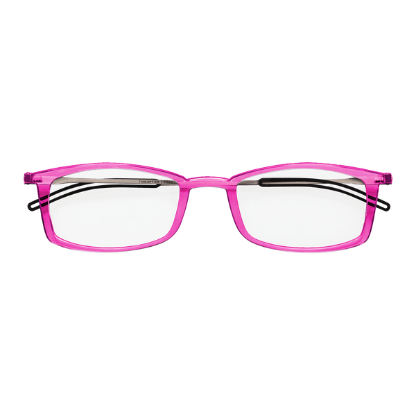 A pair of vibrant pink reading glasses with thin, black temples sits against a black background.
