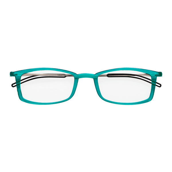 A pair of teal reading glasses with thin, silver arms sits on a black background.