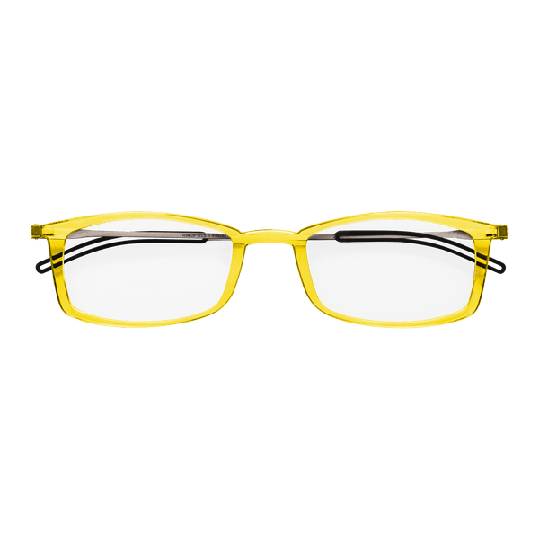 A pair of bright yellow reading glasses with thin, black temples is displayed against a black background.