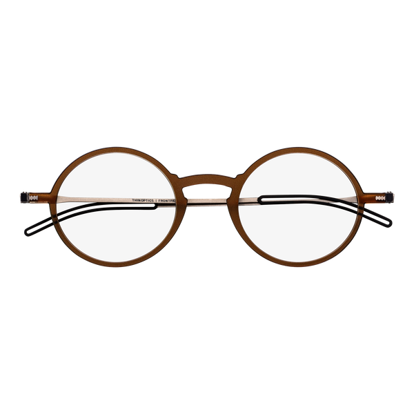 Round brown eyeglasses feature thin, gold rims and a delicate bridge.