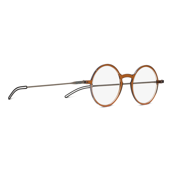 Brown round sunglasses with thin metal temples sit on a white background.