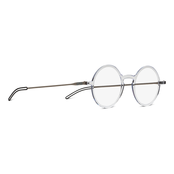 Clear, round sunglasses with thin, silver arms lay on a white surface.
