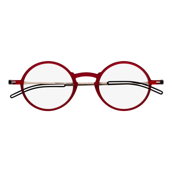 Red round eyeglasses with thin silver temples feature a minimalist design.
