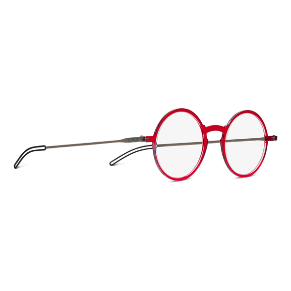 Red round frame eyeglasses with thin silver temples lay on a white background.