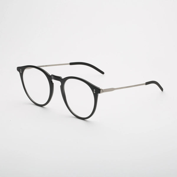 ThinOptics Los Altos black round prescription glasses with slim silver temples, three-quarter angle view on white background