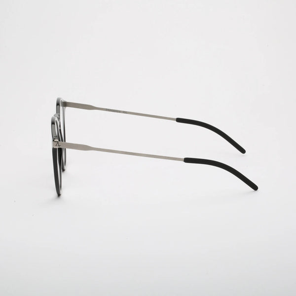 ThinOptics Los Altos black prescription glasses with slim silver metal temples, left side view on white background