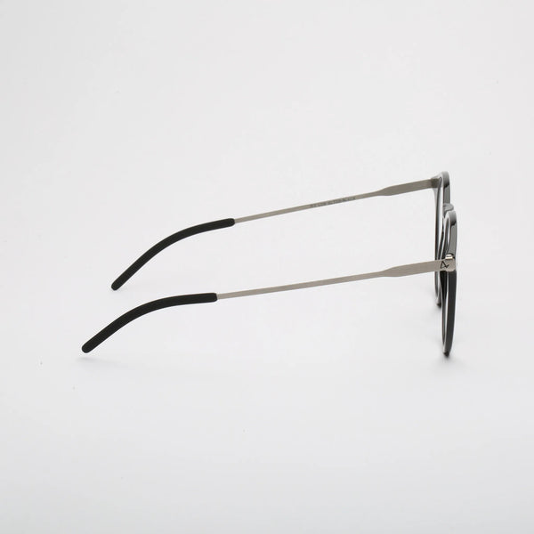 ThinOptics Los Altos black prescription glasses with slim silver metal temples, right side view on white background