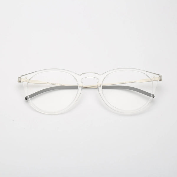 ThinOptics Los Altos clear round prescription glasses with silver temples, front view laying flat on white background