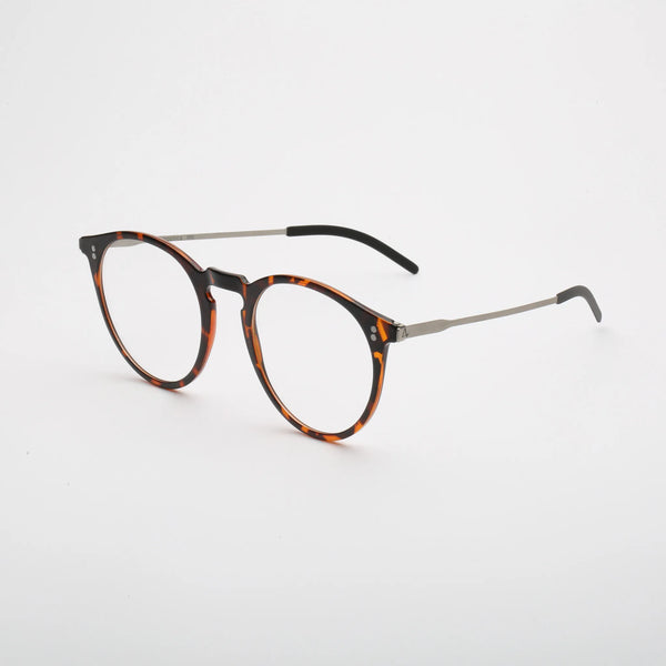 ThinOptics Los Altos tortoiseshell round prescription glasses with silver temples, three-quarter angle view on white background