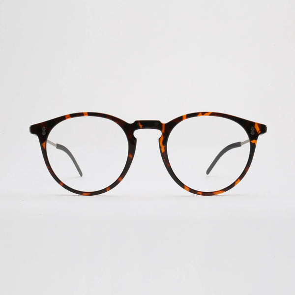 ThinOptics Los Altos tortoiseshell round prescription glasses with silver temples, front view standing upright on white background