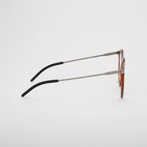 ThinOptics Los Altos tortoiseshell round prescription glasses with slim silver temples, right side view on white background