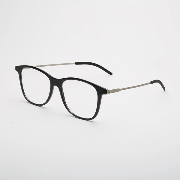 ThinOptics Menlo Park black rectangular prescription glasses with silver temples, three-quarter angle view on white background