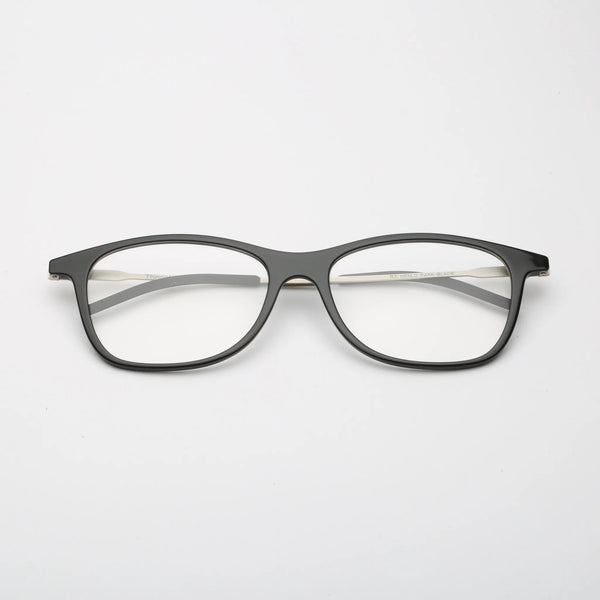 ThinOptics Menlo Park black rectangular prescription glasses with silver temples, front view laying flat on white background