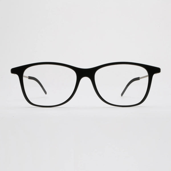 ThinOptics Menlo Park black rectangular prescription glasses with silver temples, front view standing upright on white background