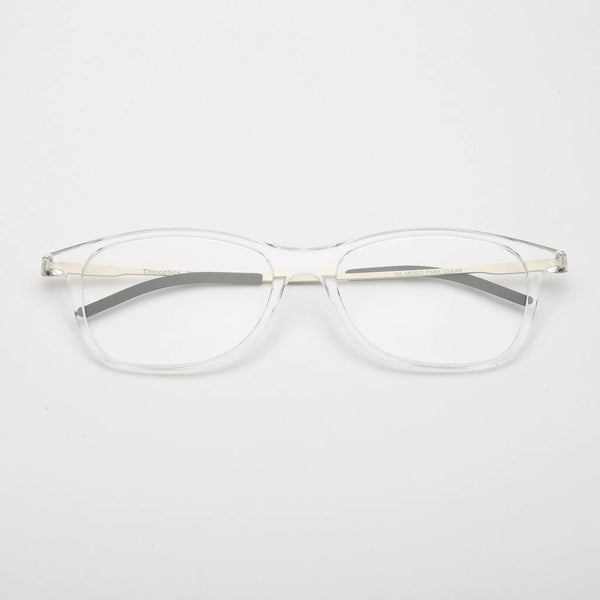 ThinOptics Menlo Park clear rectangular prescription glasses with silver temples, front view laying flat on white background