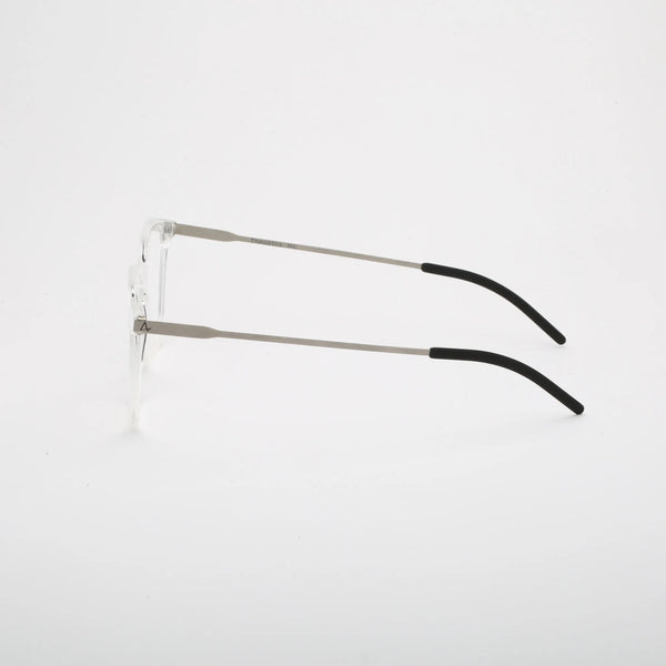 ThinOptics Menlo Park clear rectangular prescription glasses with slim silver temples, left side view on white background