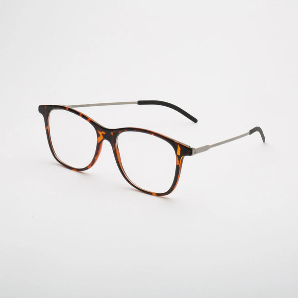 ThinOptics Menlo Park tortoiseshell rectangular prescription glasses with silver temples, three-quarter angle view on white background