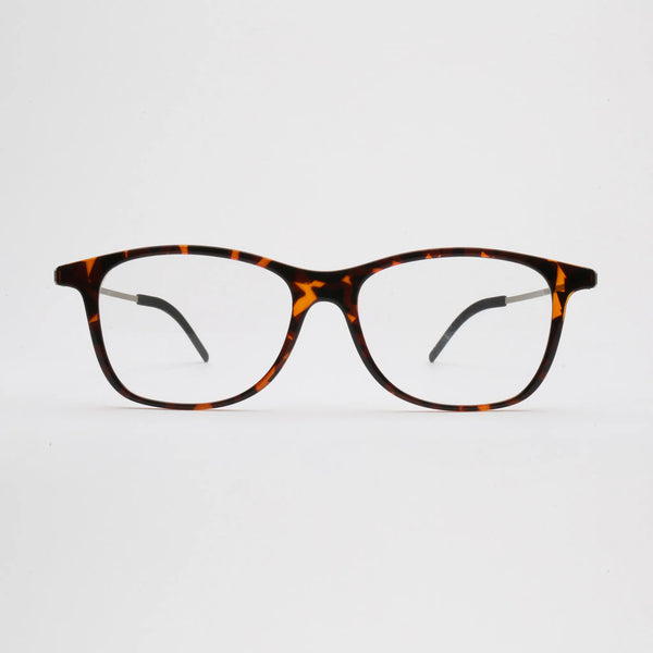 ThinOptics Menlo Park tortoiseshell rectangular prescription glasses with silver temples, front view standing upright on white background