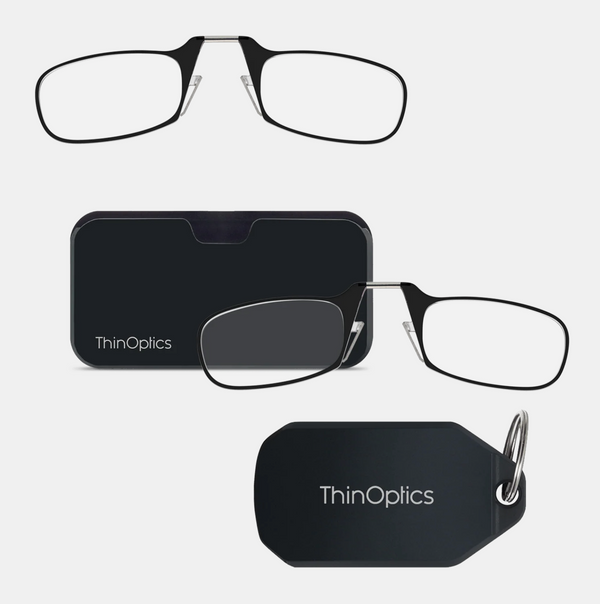 black Moment armless readers with black magnetic pod and black keychain case