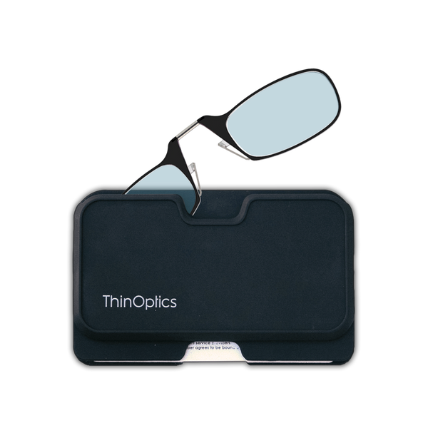 black Moment Blue Light Blockers with black magnetic pod wallet case