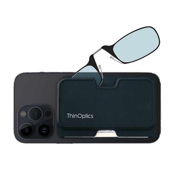 black Moment Blue Light Blockers with black magnetic pod wallet case