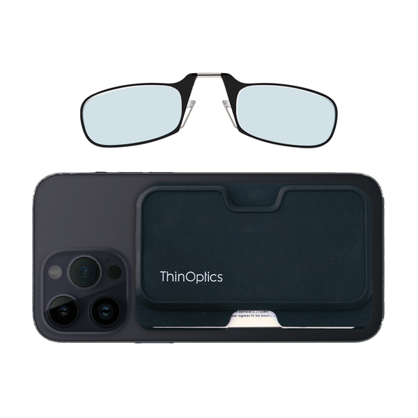 black Moment Blue Light Blockers with black magnetic pod wallet case