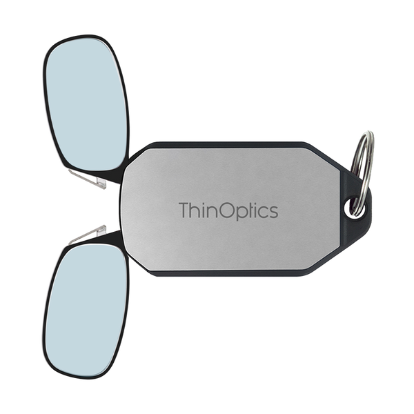 black Moment blue light blockers with silver keychain