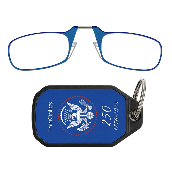 blue readers with navy Presidential Commemorative keychain case
