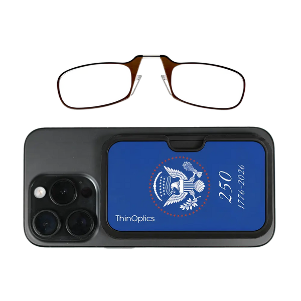 brown readers with royal blue Presidential Commemorative Magsafe Pod