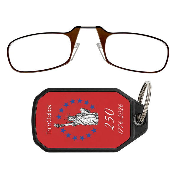brown readers with red Lady Liberty Commemorative keychain case