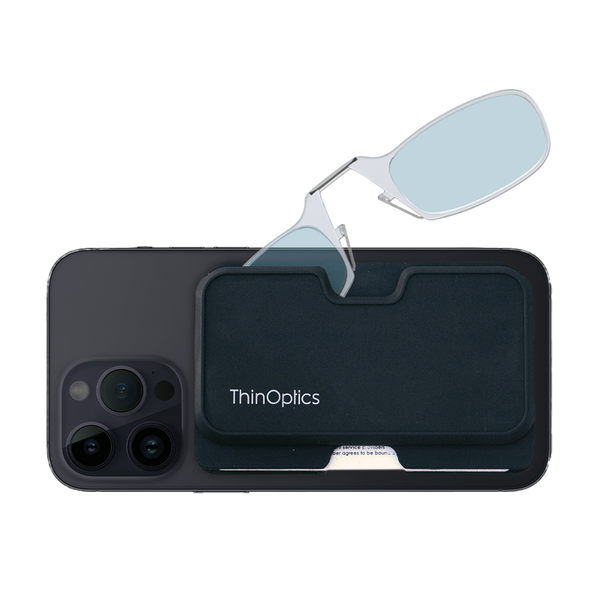 clear Moment Blue Light Blockers with black magnetic pod wallet case