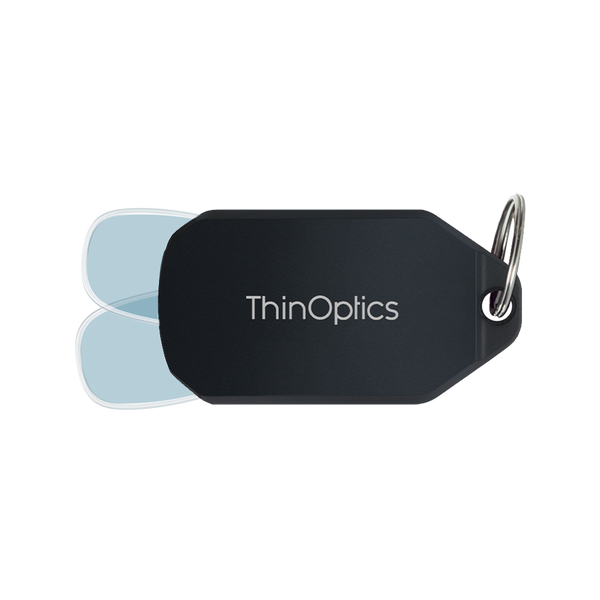 clear Moment blue light blockers with black keychain