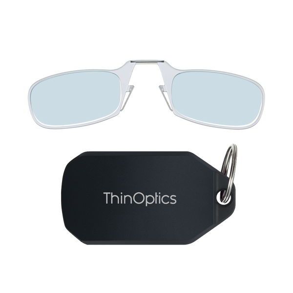 clear Moment blue light blockers with black keychain