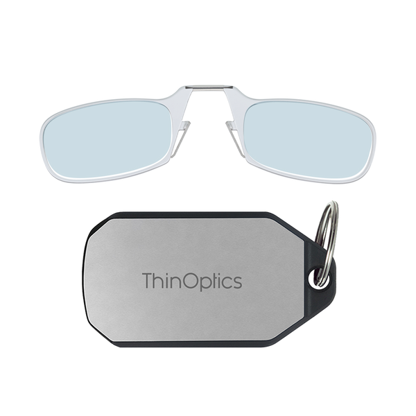 clear Moment blue light blockers with silver keychain