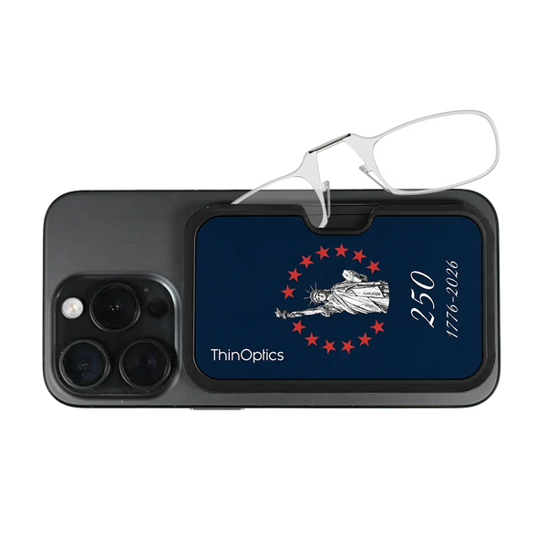 clear readers with navy Lady Liberty Commemorative Magsafe Pod