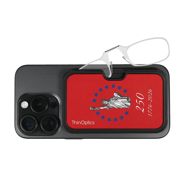 clear readers with red Lady Liberty Commemorative Magsafe Pod