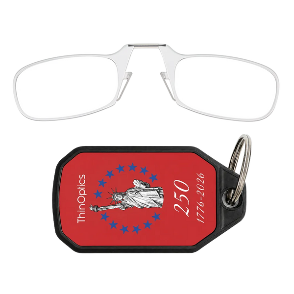 clear readers with red Lady Liberty Commemorative keychain case