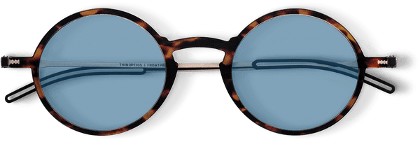 ThinOptics Tortoise framed Reading Glasses with Blue Light Blockers and a sleek black case: minimalist design with thin lenses. The compact, brushed metal case offers a modern, portable solution for individuals needing reading glasses.