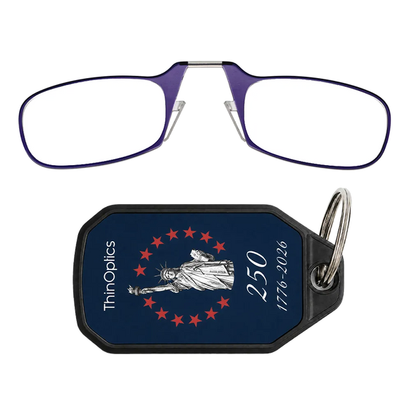 purple readers with navy Lady Liberty Commemorative keychain case