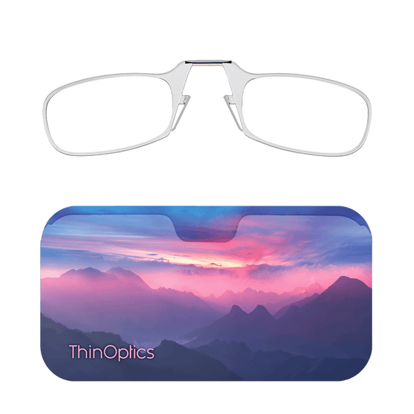 Sleek design meets universal comfort. Our Readers adapt to you, offering a barely-there feel with robust durability. Paired with with a slim case featuring a sunset over purple mountains.