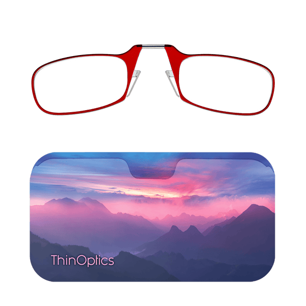 Sleek design meets universal comfort. Our Readers adapt to you, offering a barely-there feel with robust durability. Paired with with a slim case featuring a sunset over purple mountains.