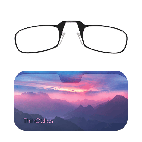 Sleek design meets universal comfort. Our Readers adapt to you, offering a barely-there feel with robust durability. Paired with a slim case featuring a sunset over purple mountains.