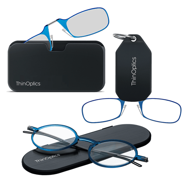 ThinOptics Manhattan Essential Kit in blue — armless readers with Universal Pod and keychain case, plus Manhattan full-frame readers with slim Milano oval case