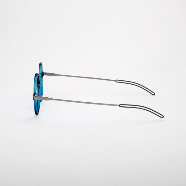 ThinOptics Manhattan Rx Glossy dark blue round prescription glasses, left side view showing thin metal temples