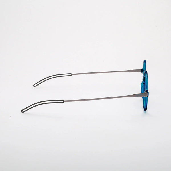 ThinOptics Manhattan Rx Glossy dark blue round prescription glasses, right side view showing thin metal temples