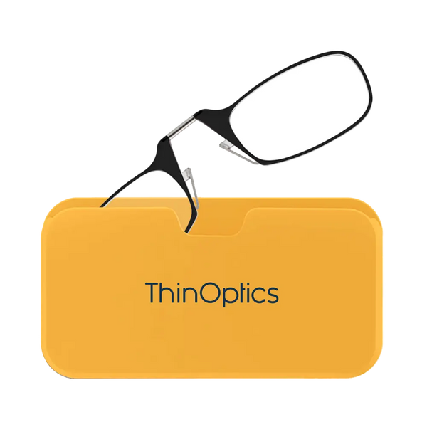 ThinOptics black armless reading glasses with yellow Universal Pod case