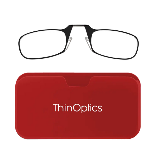 ThinOptics black armless reading glasses with red Universal Pod case